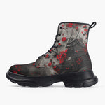 Casual Leather Chunky Boots Samurai with Red Flowers