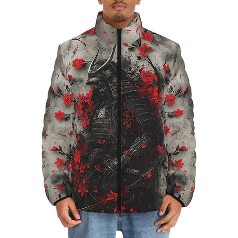 Down-Padded Puffer Jacket Samurai with Red Flowers