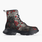 Casual Leather Chunky Boots Samurai with Red Flowers