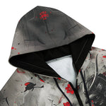 Men's Zip Up Hoodie Samurai with Red Flowers