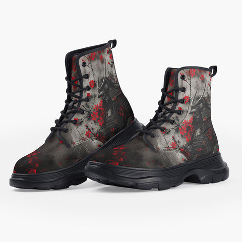 Casual Leather Chunky Boots Samurai with Red Flowers