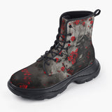 Casual Leather Chunky Boots Samurai with Red Flowers