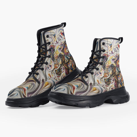 Casual Leather Chunky Boots Elephant Swirling Artwork