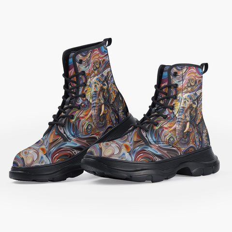 Casual Leather Chunky Boots Elephant Swirling Artwork