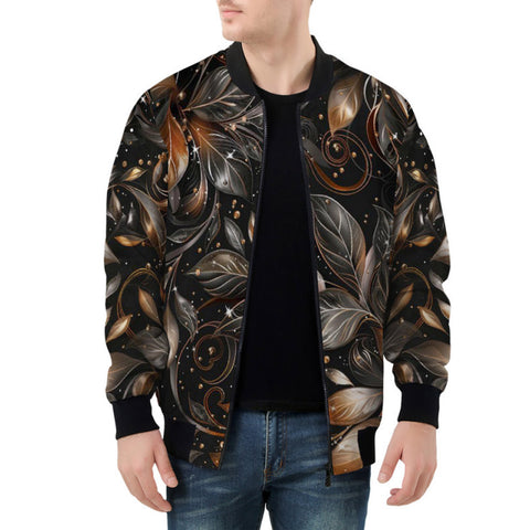 Bomber Jacket Shiny Metallic Leaves in Swirls