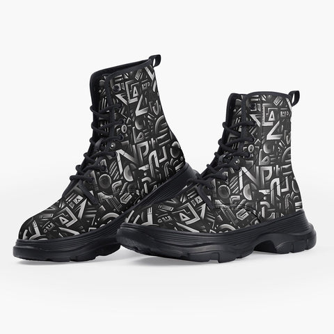 Casual Leather Chunky Boots Black and White Letters Art