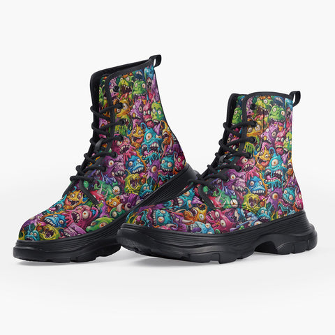 Casual Leather Chunky Boots Colorful Cartoon Monsters