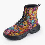 Casual Leather Chunky Boots Colorful Cartoon Monsters