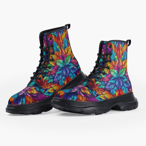 Casual Leather Chunky Boots Vibrant Colorful Leaves