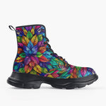Casual Leather Chunky Boots Colorful Kaleidoscop Leaves