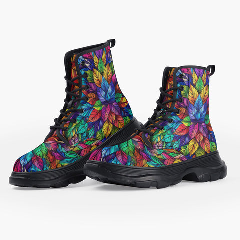 Casual Leather Chunky Boots Colorful Kaleidoscop Leaves