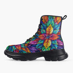 Casual Leather Chunky Boots Colorful Floral Pattern