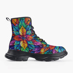 Casual Leather Chunky Boots Colorful Floral Pattern