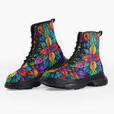 Casual Leather Chunky Boots Colorful Floral Pattern