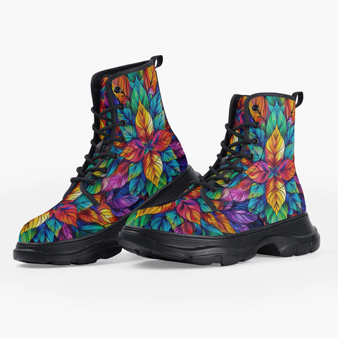 Casual Leather Chunky Boots Colorful Floral Pattern