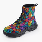 Casual Leather Chunky Boots Colorful Floral Pattern