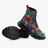 Casual Leather Chunky Boots Colorful Floral Pattern