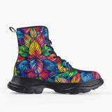 Casual Leather Chunky Boots Vibrant Rainbow Leaves