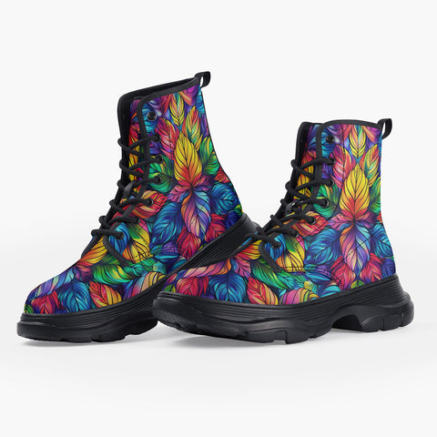 Casual Leather Chunky Boots Vibrant Rainbow Leaves