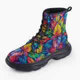 Casual Leather Chunky Boots Vibrant Rainbow Leaves