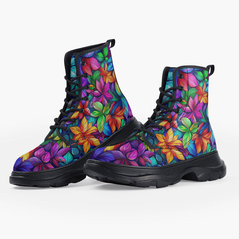 Casual Leather Chunky Boots Colorful Leaves