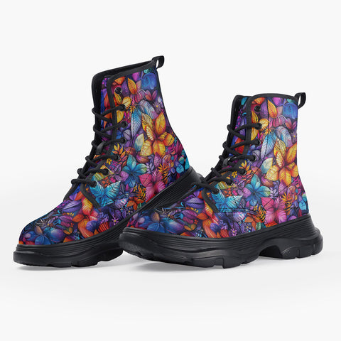 Casual Leather Chunky Boots Vibrant Colorful Leaves