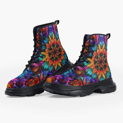 Casual Leather Chunky Boots Kaleidoscopic Vibrant Colors