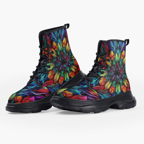 Casual Leather Chunky Boots Colorful Abstract Digital Art