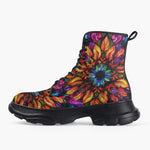 Casual Leather Chunky Boots Rainbow Colored Flowers