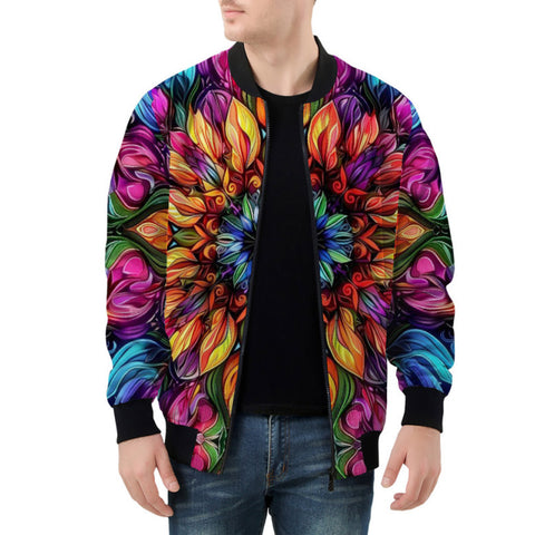 Bomber Jacket Rainbow Colored Flowers