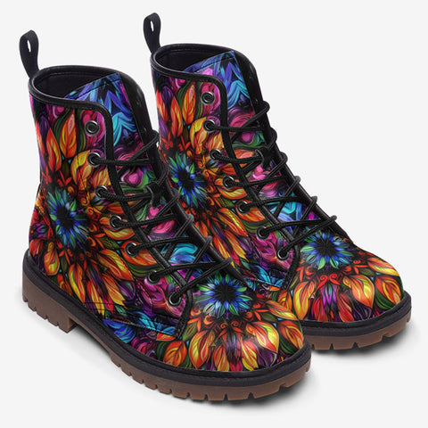 Leather Boots Rainbow Colored Flowers