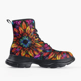 Casual Leather Chunky Boots Rainbow Colored Flowers