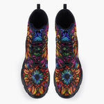 Casual Leather Chunky Boots Rainbow Colored Flowers