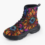 Casual Leather Chunky Boots Rainbow Colored Flowers