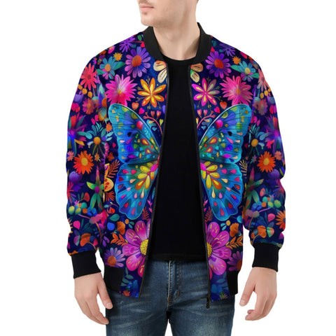 Bomber Jacket Neon Butterfly Colorful Flowers