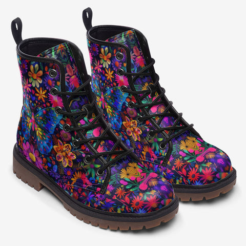 Leather Boots Neon Butterfly Colorful Flowers