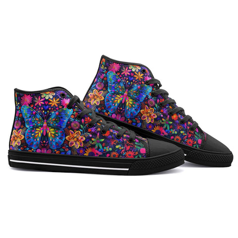 High-Top Canvas Shoes Neon Butterfly Colorful Flowers
