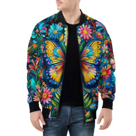 Bomber Jacket Colorful Butterfly Vibrant Flowers