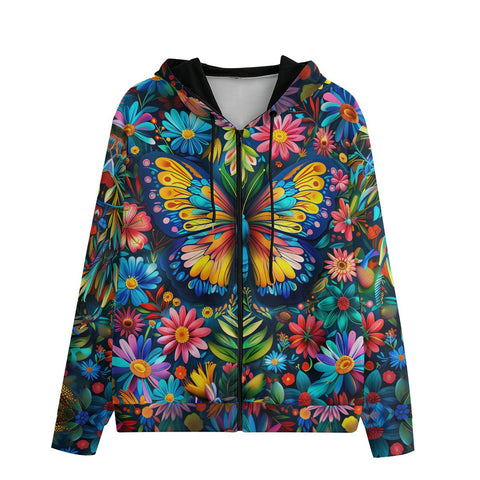 Men's Zip Up Hoodie Colorful Butterfly Vibrant Flowers