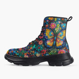 Casual Leather Chunky Boots Colorful Butterfly Vibrant Flowers