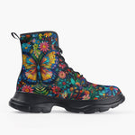 Casual Leather Chunky Boots Colorful Butterfly Vibrant Flowers