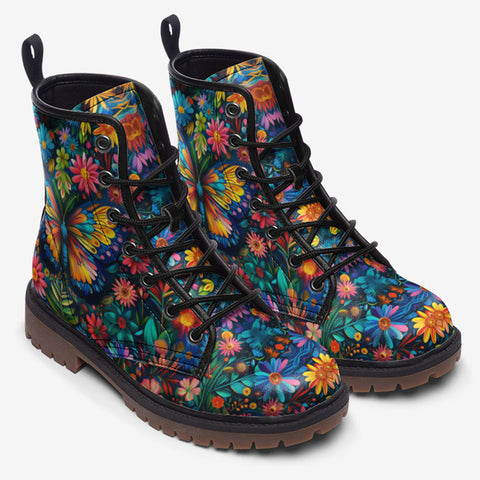 Leather Boots Colorful Butterfly Vibrant Flowers