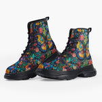 Casual Leather Chunky Boots Colorful Butterfly Vibrant Flowers