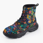 Casual Leather Chunky Boots Colorful Butterfly Vibrant Flowers