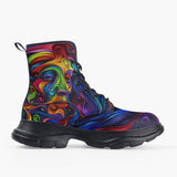 Casual Leather Chunky Boots Psychedelic Colorful Swirling Waves