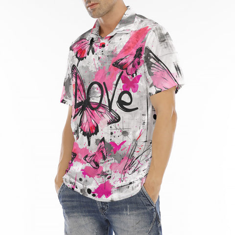 Men's Polo Shirt Pink Butterflies Graffiti Art