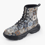 Casual Leather Chunky Boots Ceramic Tiles Artwork