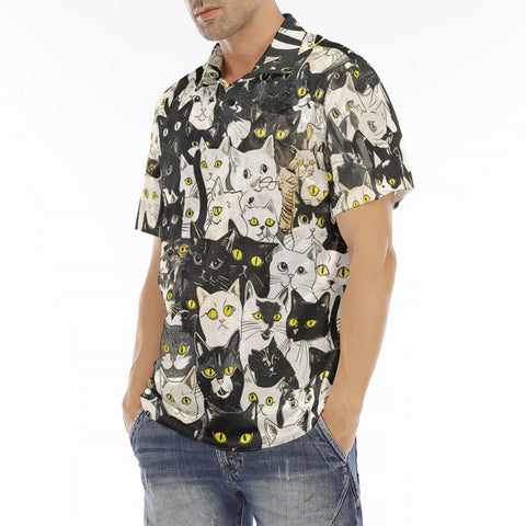 Men's Polo Shirt Black and White Cats Art