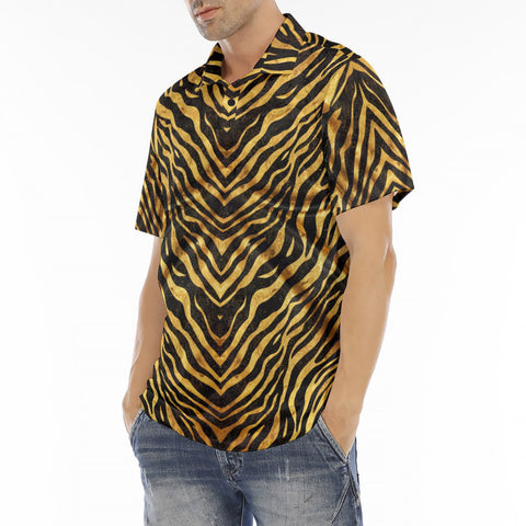 Men's Polo Shirt Gold and Black Tiger Print Fabric