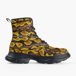 Casual Leather Chunky Boots Yellow and Black Snake Skin Pattern